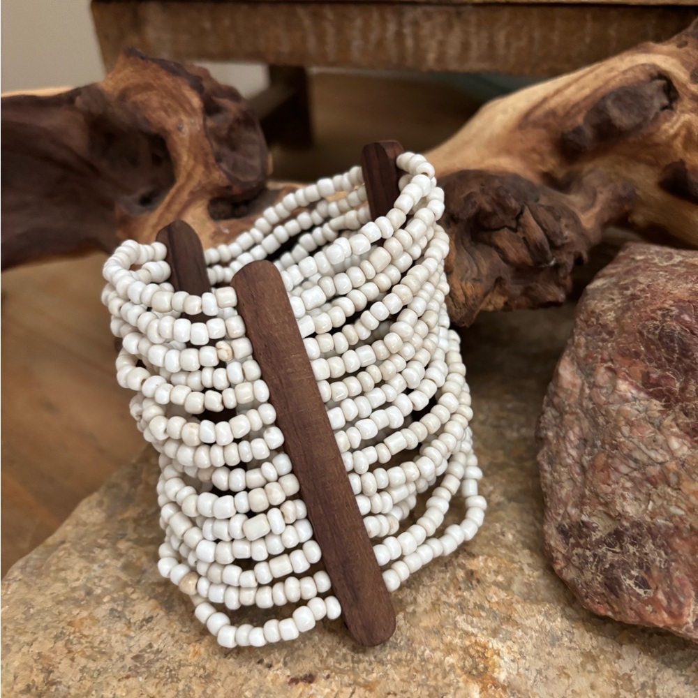 Cuff Bracelet White Seed Bead & Wood Stretch BOHO NEW Read